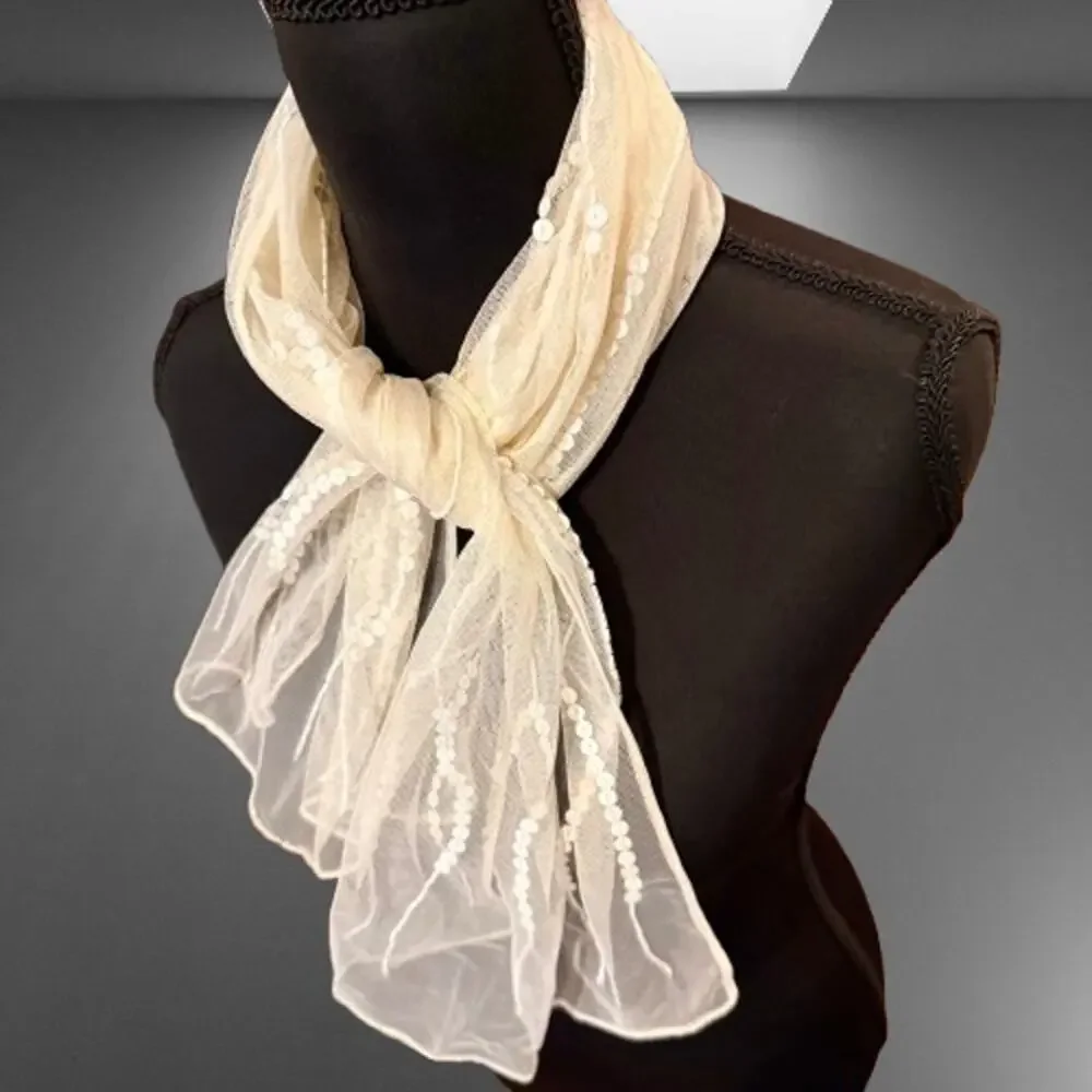 🎊HP!🎊Sheer White Sequined Beaded Decorative Fancy Scarf - Picture 4 of 7